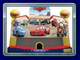 Cars Club Bounce - The licensed Cars medium jump is a bounce house for hours of fun with the whole gang in Carburetor County. Artwork with Lightning McQueen, Flo, Doc Hudson, and Mater greets young fans of this animated stock car race, as they go for the Piston Cup.