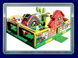 My Little Farm - The My Little Farm™ educational inflatable structure is designed to educate and entertain toddlers in an adorable fram setting. This game offers a small climb and slide and several 3D animals and structures, such as a dog, horse, chickens, hay stock and a cactus.